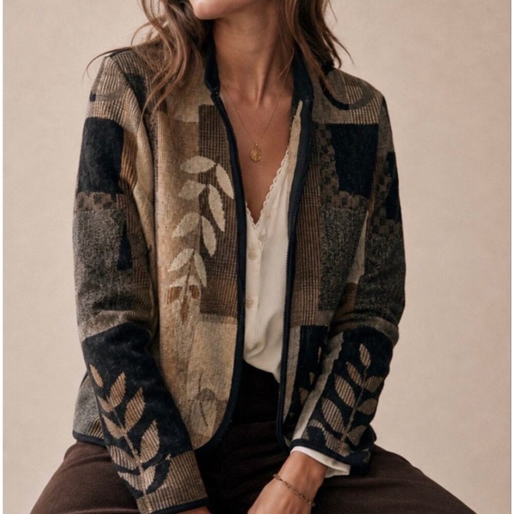 Coldwater Creek Woven Tapestry Jacket Abstract Leaf Patchwork Zip Front Sz L